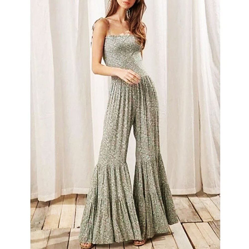 Storia Lucy Smocked Flare Leg Jumpsuit S Light Green Ditzy Floral